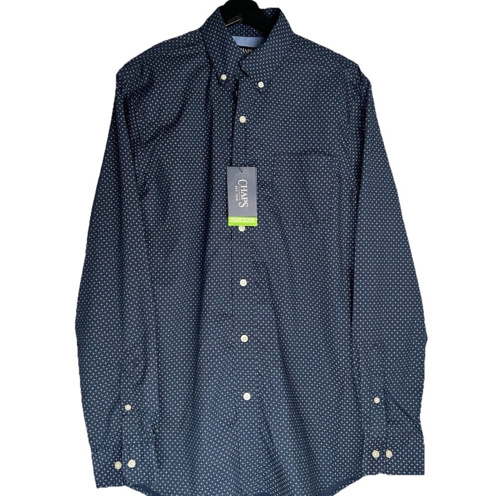 NWT Chaps Men's Button Shirt M Navy Blue X Pattern Long Sleeve Stretch‎